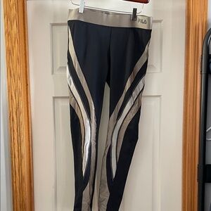 FILA Black Leggings with Metallic Silver Chevron Panels